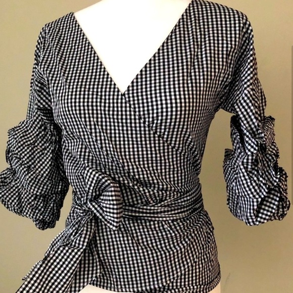 BLOUSE WRAP AROUND GINGNAM PATTERN SIZE S - Picture 2 of 3